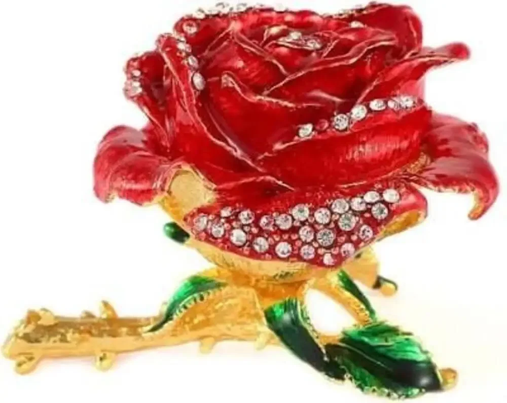 QIFU Red Rose Enameled Hinged Jewelry Trinket Box with Rhinestones